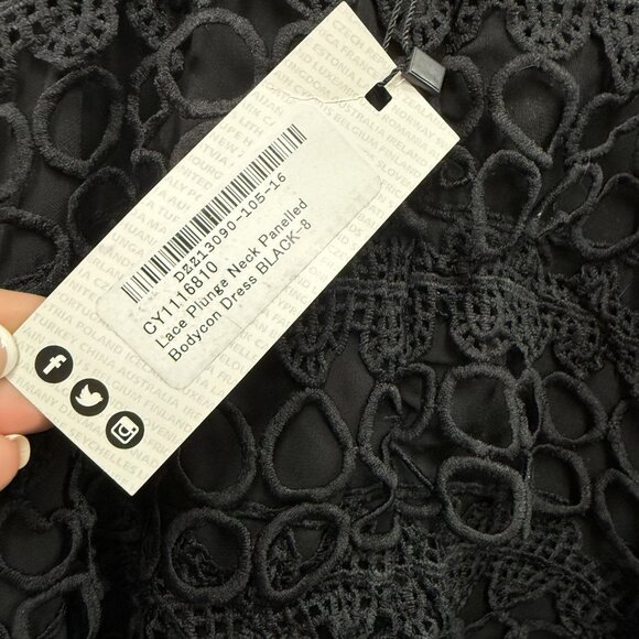 Boohoo Boutique Black Lace Plunge Neck Bodycon Dress NWT Size 8 - Picture 6 of 12